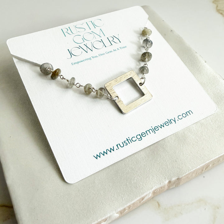 Labradorite Beaded Bracelet with Brushed Silver Square