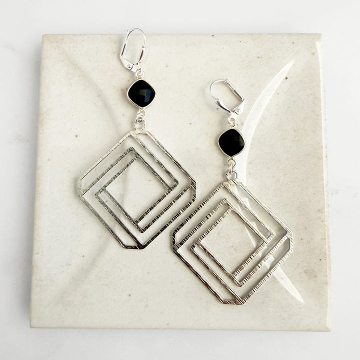 Black Onyx Layered Square Earrings in Brushed Silver