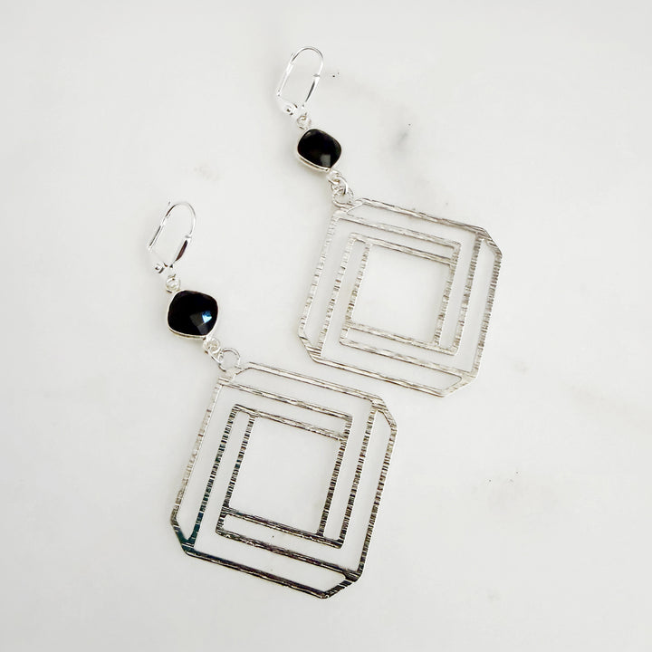 Black Onyx Layered Square Earrings in Brushed Silver