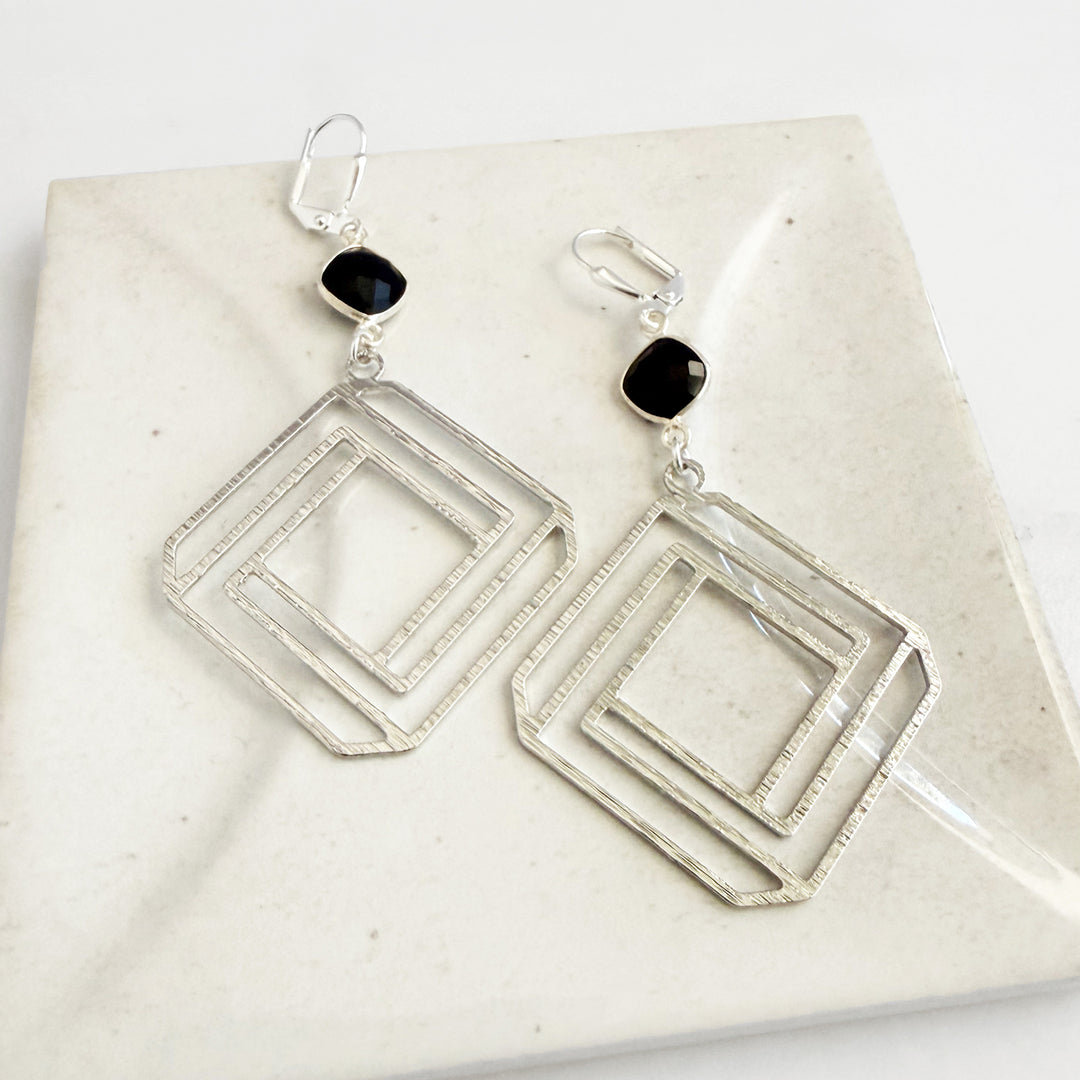Black Onyx Layered Square Earrings in Brushed Silver