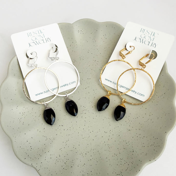 Black Onyx Marquise Hoop Dangle Earrings