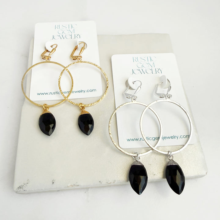 Black Onyx Marquise Hoop Dangle Earrings