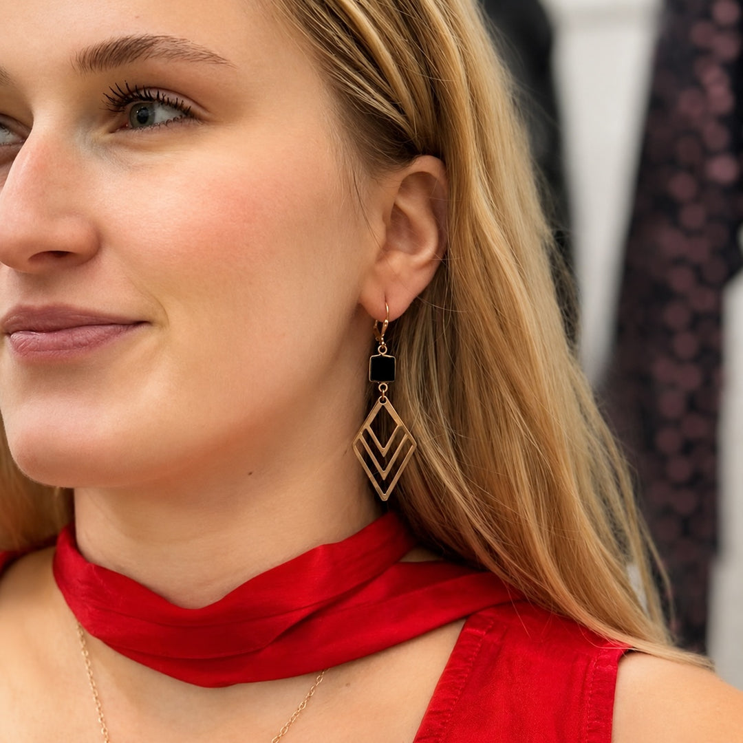 Black Onyx and Layered Diamond Earrings in Gold and Silver