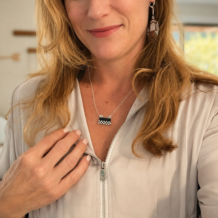 Black and White Checkered Pattern Bar Necklace