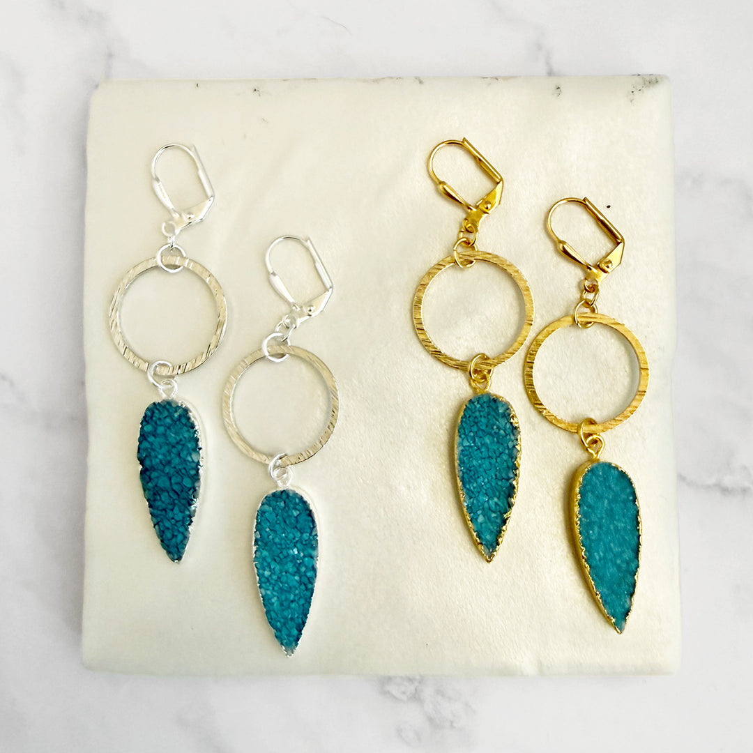 Blue Druzy Teardrop Hoop Dangle Earrings