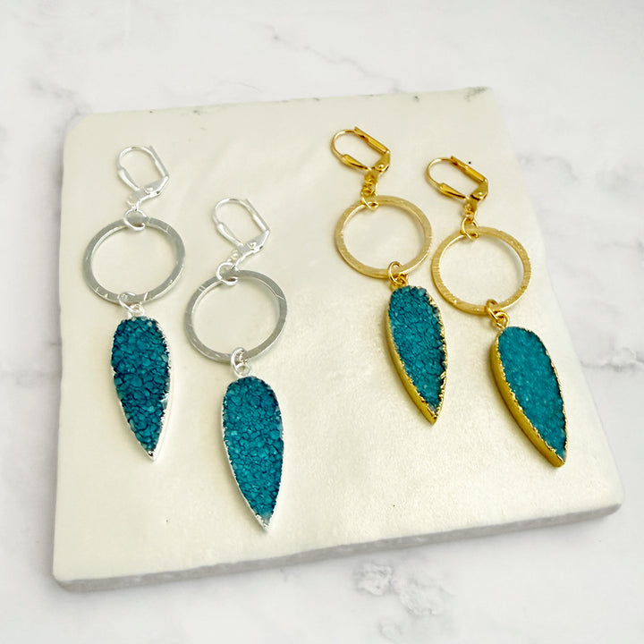 Blue Druzy Teardrop Hoop Dangle Earrings