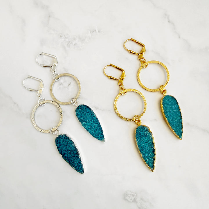 Blue Druzy Teardrop Hoop Dangle Earrings