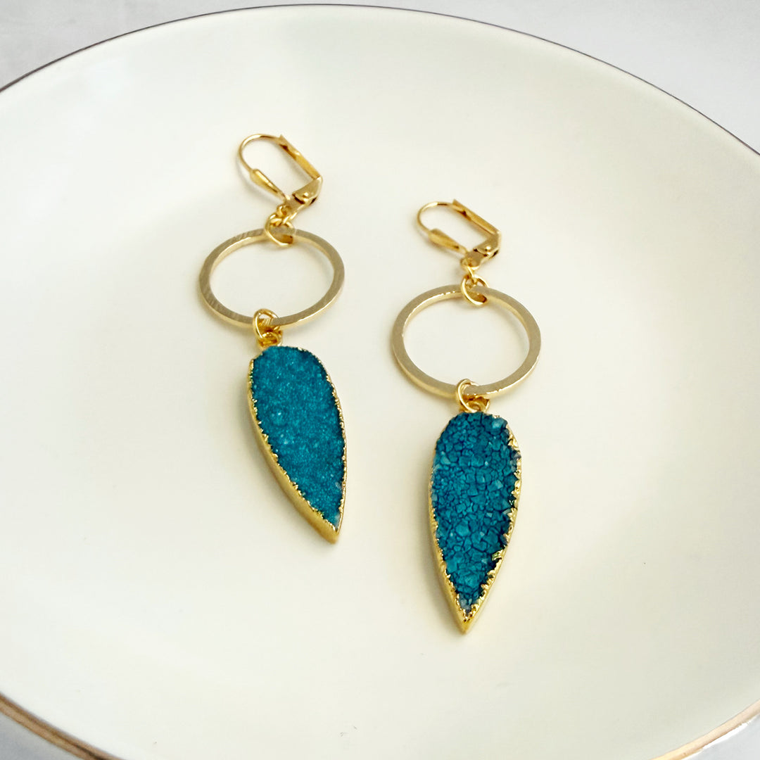 Blue Druzy Teardrop Hoop Dangle Earrings