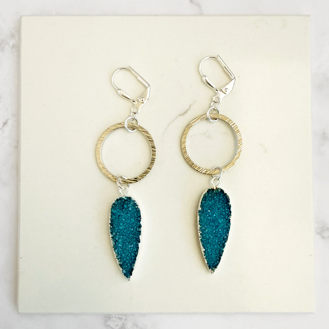 Blue Druzy Teardrop Hoop Dangle Earrings