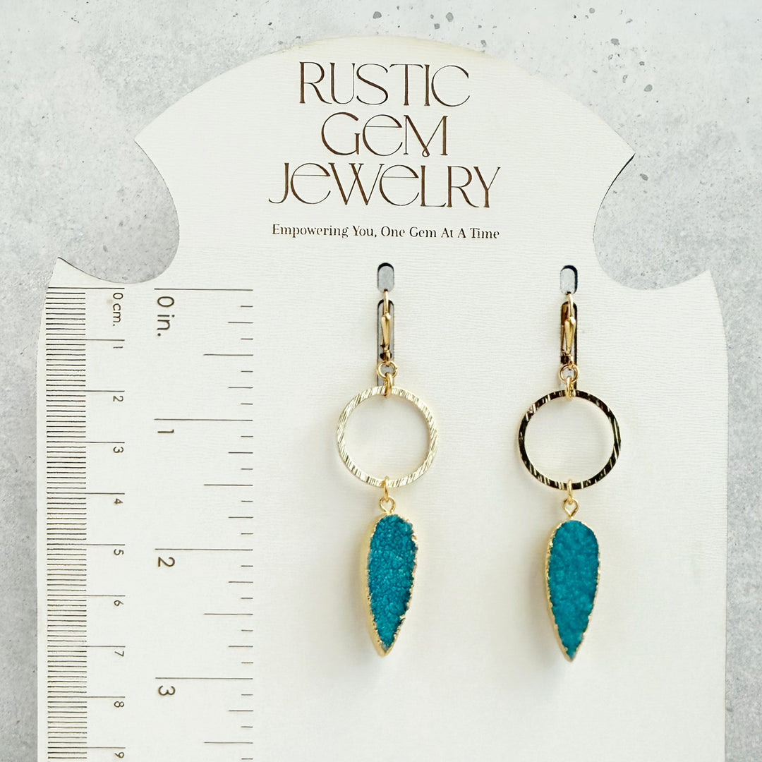 Blue Druzy Teardrop Hoop Dangle Earrings