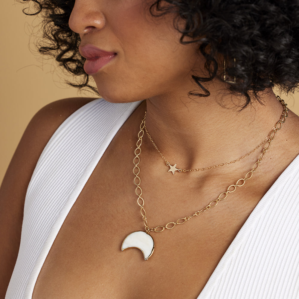 White Crescent Moon Necklace with Chunky Gold Chain