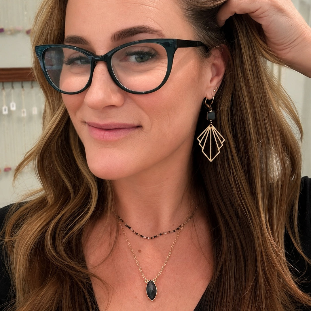Brushed Fan and Labradorite Gemstone Statement Earrings in Silver and Gold