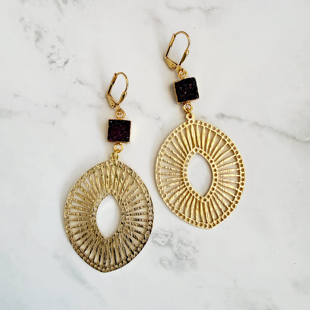 Burgundy Druzy Sunburst Medallion Earrings in Brushed Gold