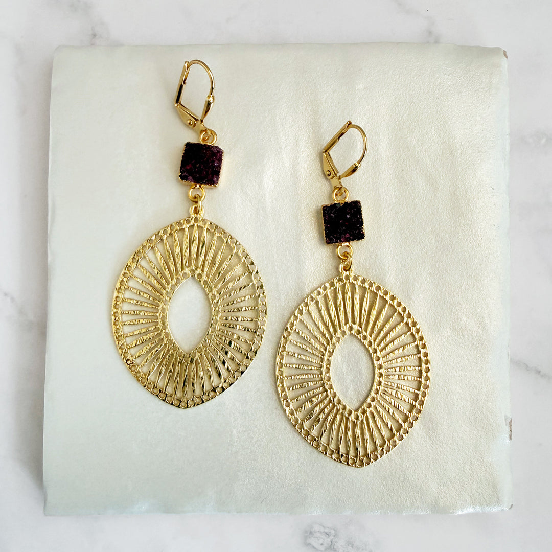 Burgundy Druzy Sunburst Medallion Earrings in Brushed Gold