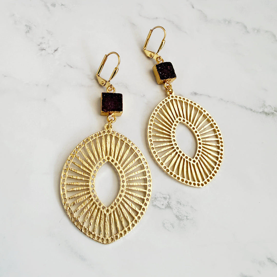 Burgundy Druzy Sunburst Medallion Earrings in Brushed Gold