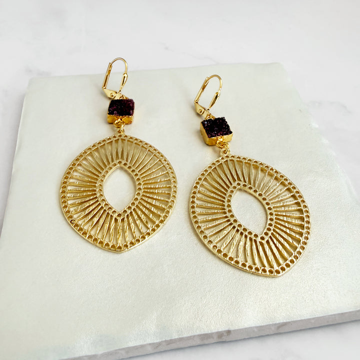 Burgundy Druzy Sunburst Medallion Earrings in Brushed Gold