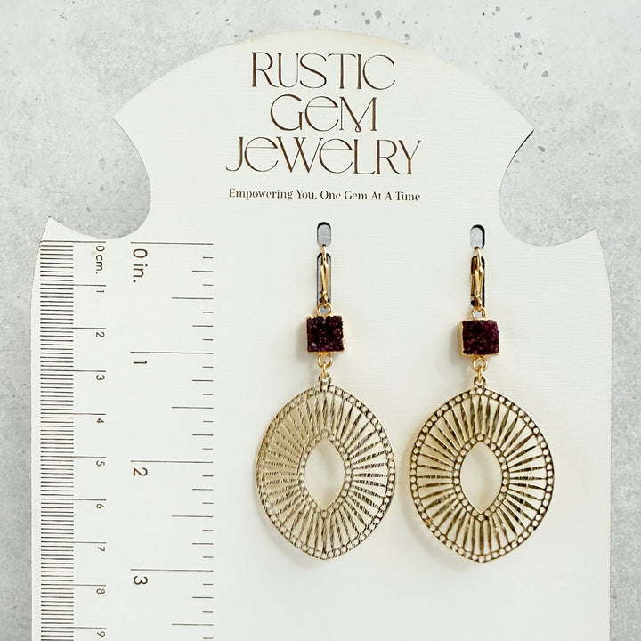 Burgundy Druzy Sunburst Medallion Earrings in Brushed Gold
