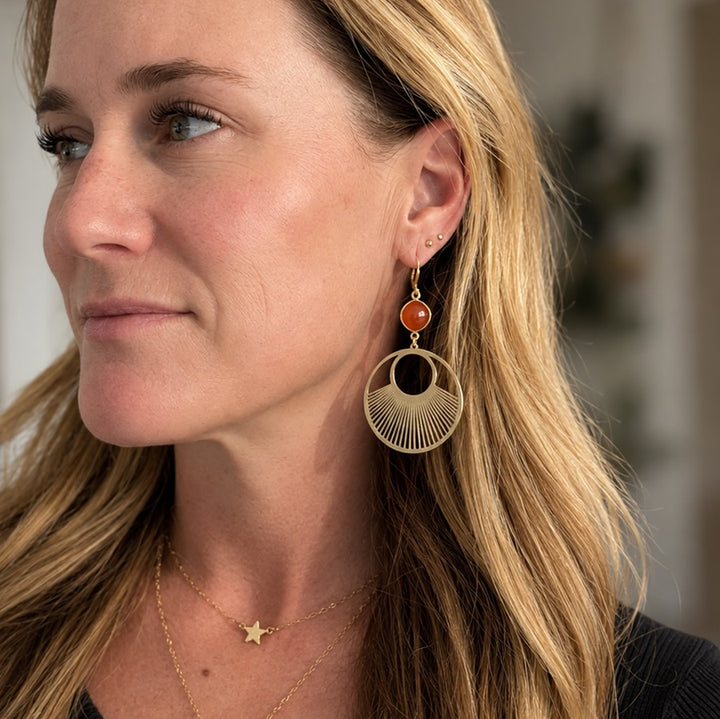 Carnelian Sunbeam Hoop Earrings in Gold