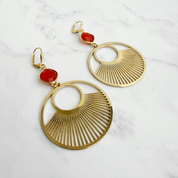 Carnelian Sunbeam Hoop Earrings in Gold