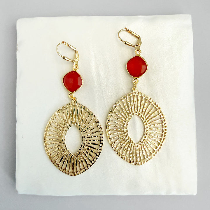 Carnelian Sunburst Medallion Earrings in Brushed Gold