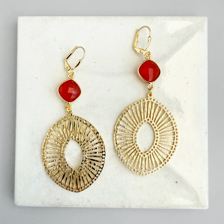 Carnelian Sunburst Medallion Earrings in Brushed Gold