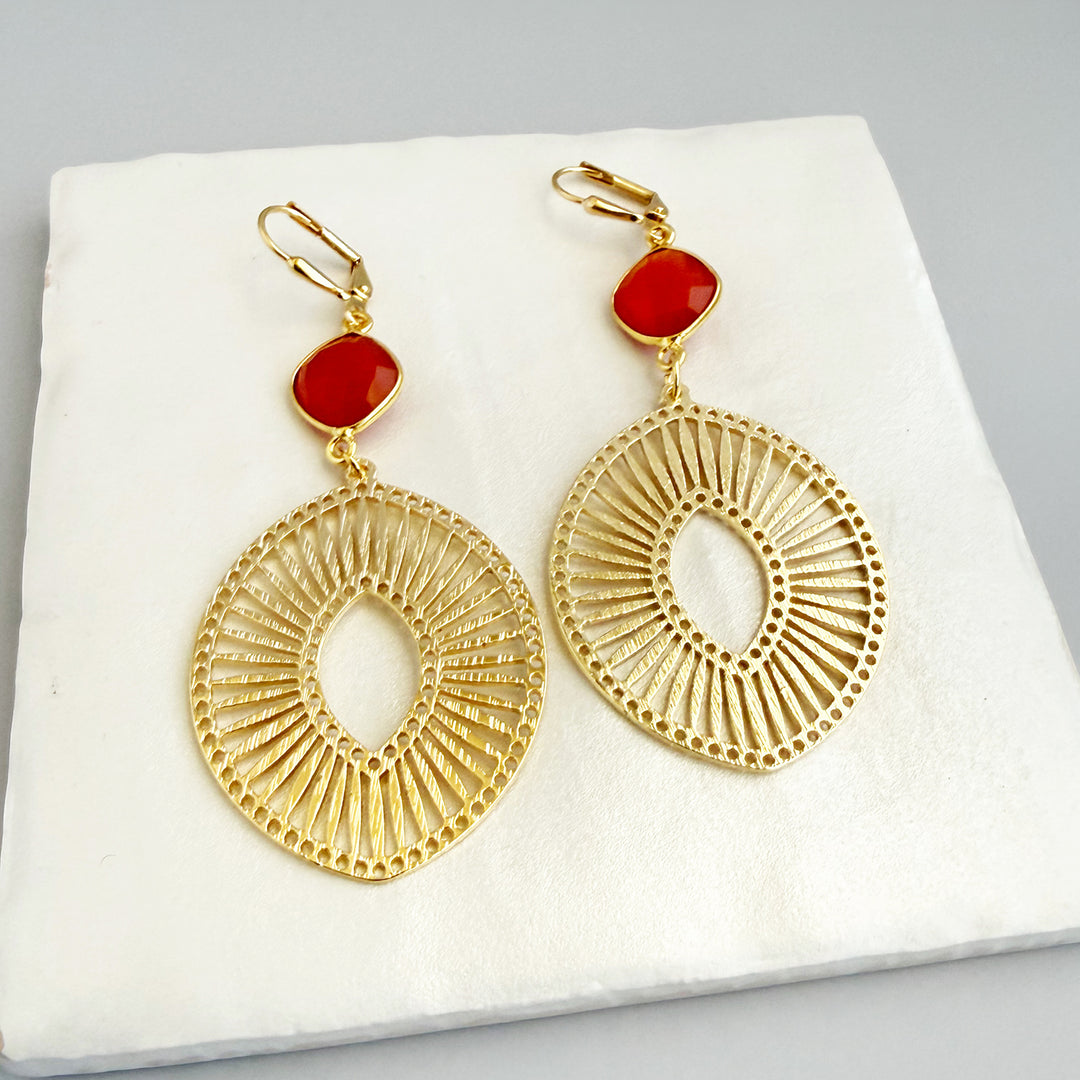 Carnelian Sunburst Medallion Earrings in Brushed Gold