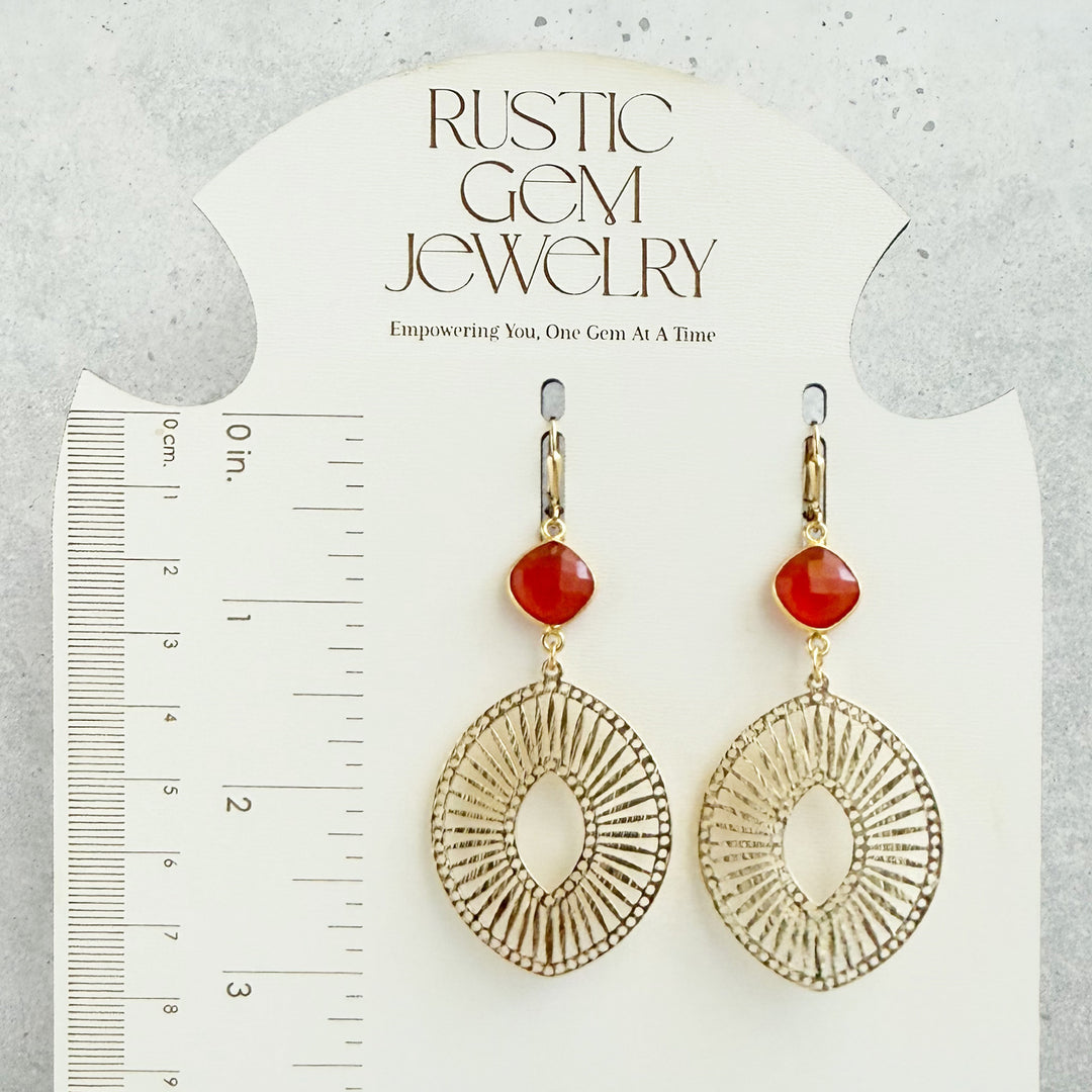 Carnelian Sunburst Medallion Earrings in Brushed Gold