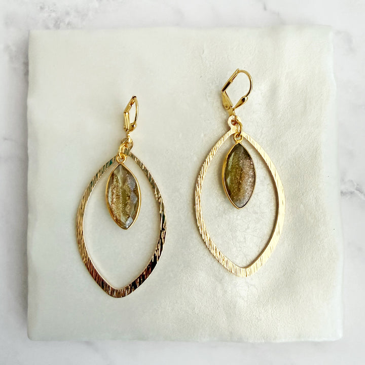Copper Infused Quartz Marquise Statement Earrings in Brushed Gold