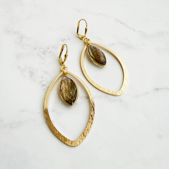 Copper Infused Quartz Marquise Statement Earrings in Brushed Gold