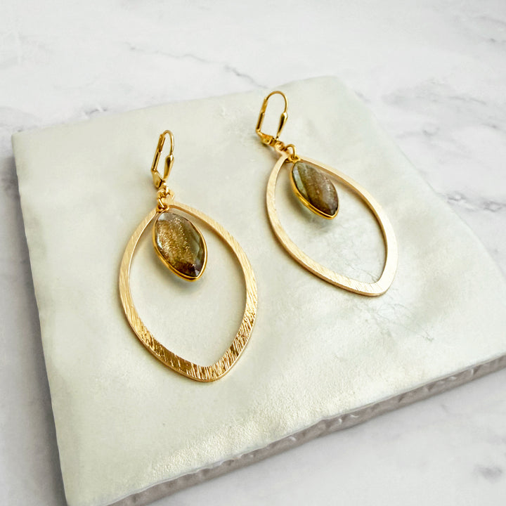 Copper Infused Quartz Marquise Statement Earrings in Brushed Gold