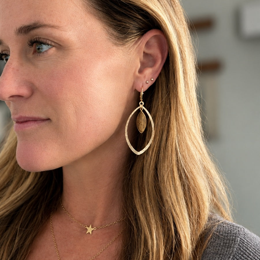 Copper Infused Quartz Marquise Statement Earrings in Brushed Gold