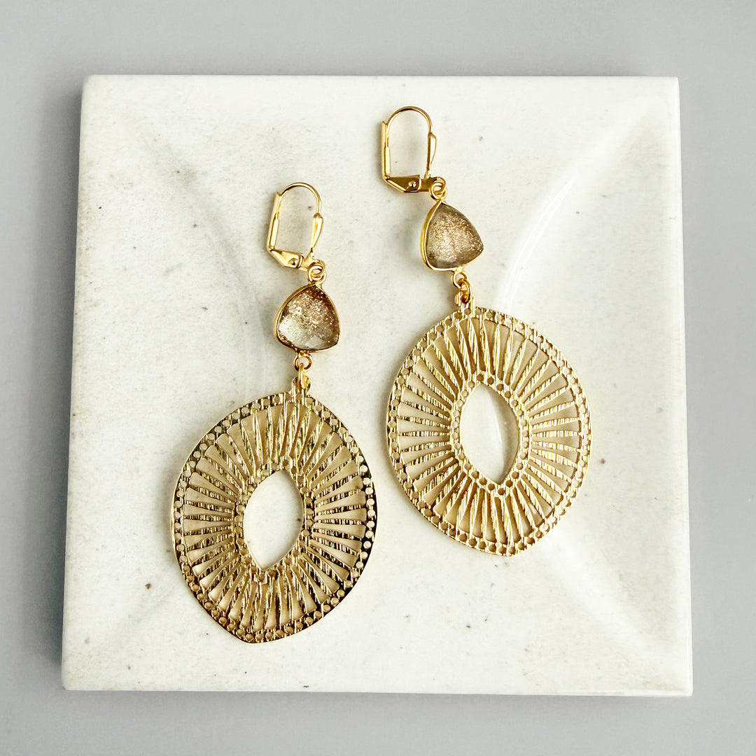 Copper Infused Stone Sunburst Medallion Earrings in Brushed Gold
