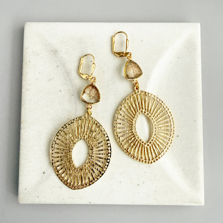 Copper Infused Stone Sunburst Medallion Earrings in Brushed Gold