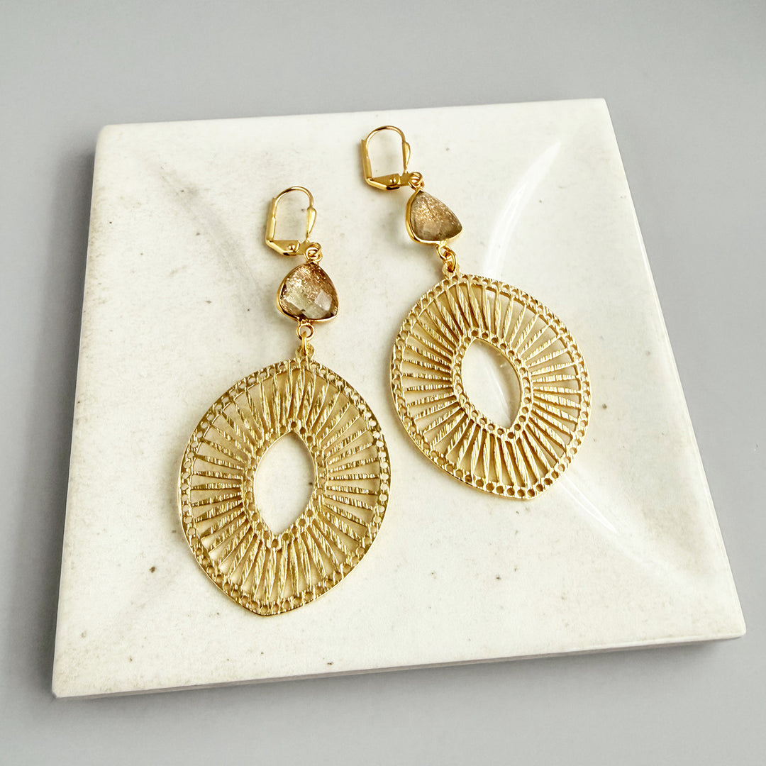 Copper Infused Stone Sunburst Medallion Earrings in Brushed Gold