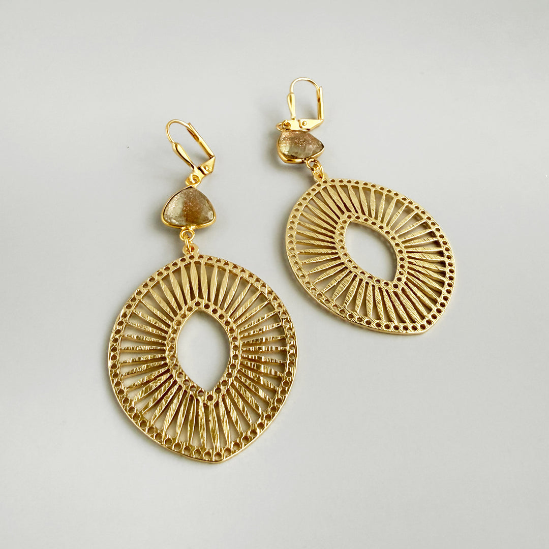 Copper Infused Stone Sunburst Medallion Earrings in Brushed Gold