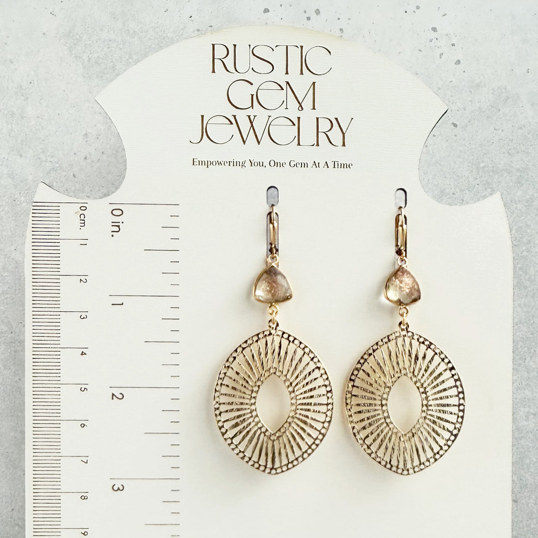 Copper Infused Stone Sunburst Medallion Earrings in Brushed Gold