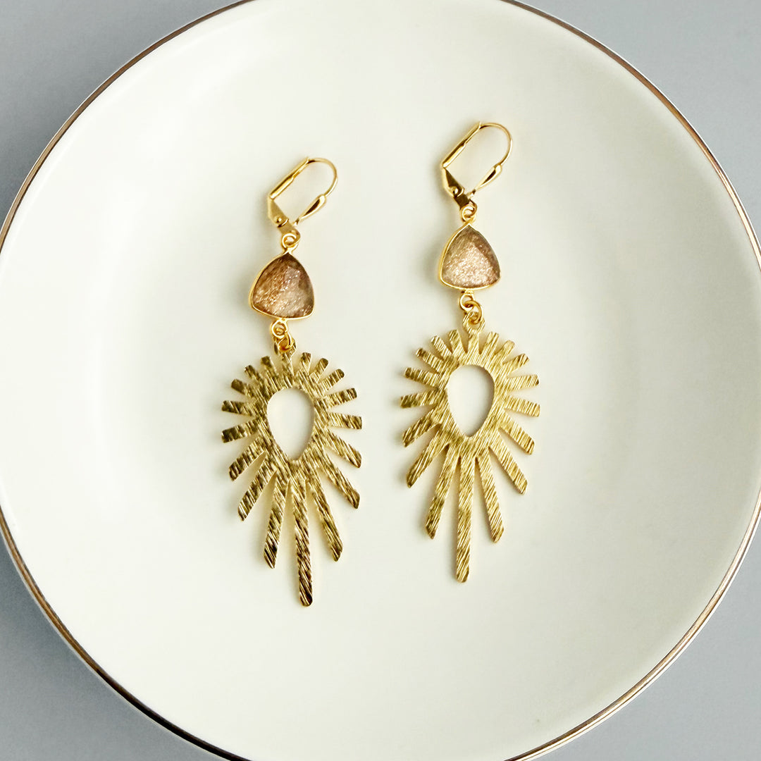 Copper Infused Stone Sunburst Statement Earrings in Brushed Gold