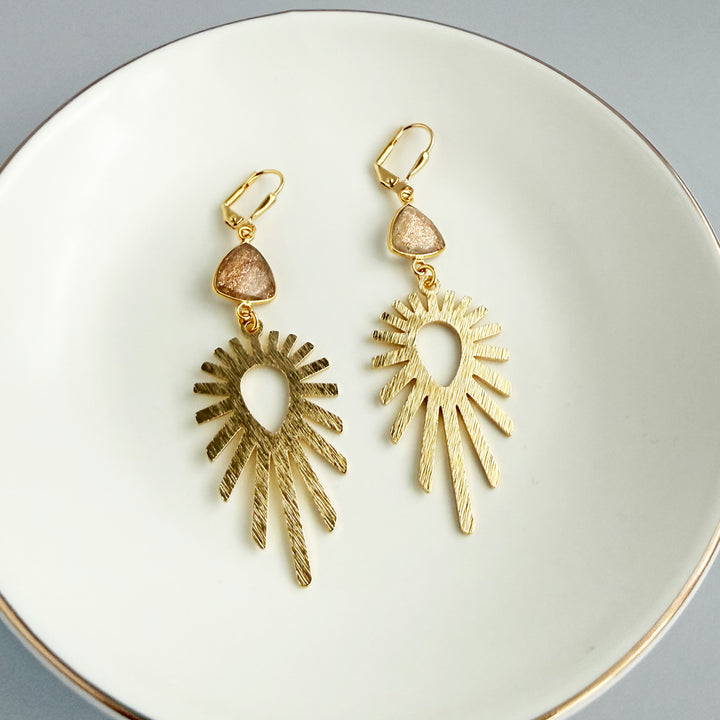 Copper Infused Stone Sunburst Statement Earrings in Brushed Gold