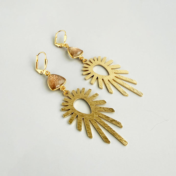 Copper Infused Stone Sunburst Statement Earrings in Brushed Gold