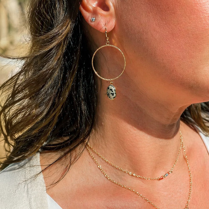 Dalmatian Jasper Hoop Dangle Earrings in Brushed Gold and Silver