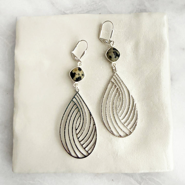 Dalmatian Jasper Swirl Teardrop Earrings in Brushed Silver