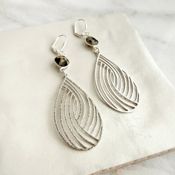 Dalmatian Jasper Swirl Teardrop Earrings in Brushed Silver