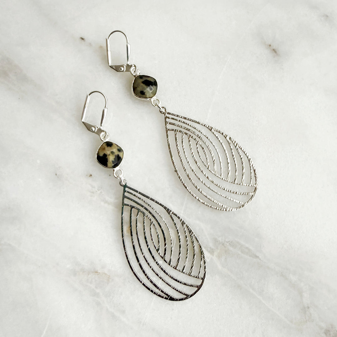 Dalmatian Jasper Swirl Teardrop Earrings in Brushed Silver