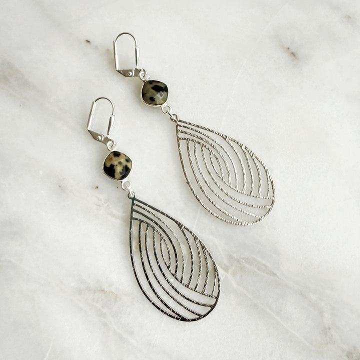 Dalmatian Jasper Swirl Teardrop Earrings in Brushed Silver