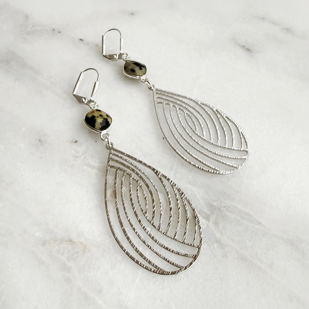 Dalmatian Jasper Swirl Teardrop Earrings in Brushed Silver