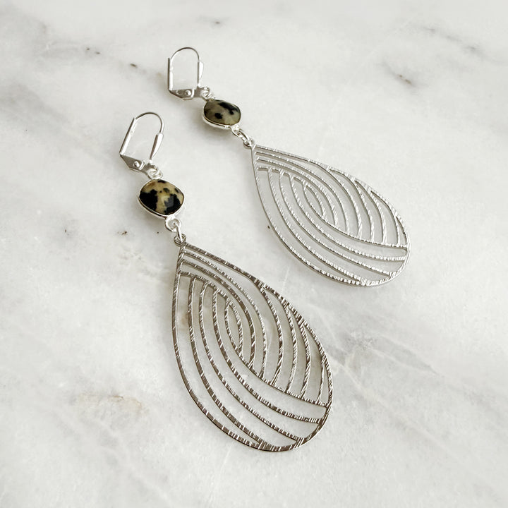 Dalmatian Jasper Swirl Teardrop Earrings in Brushed Silver