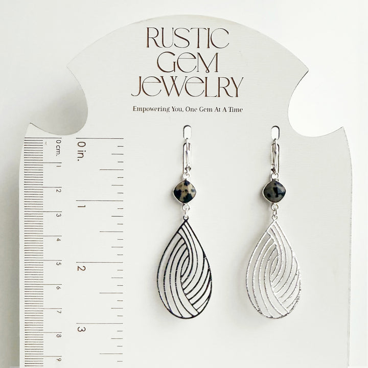 Dalmatian Jasper Swirl Teardrop Earrings in Brushed Silver