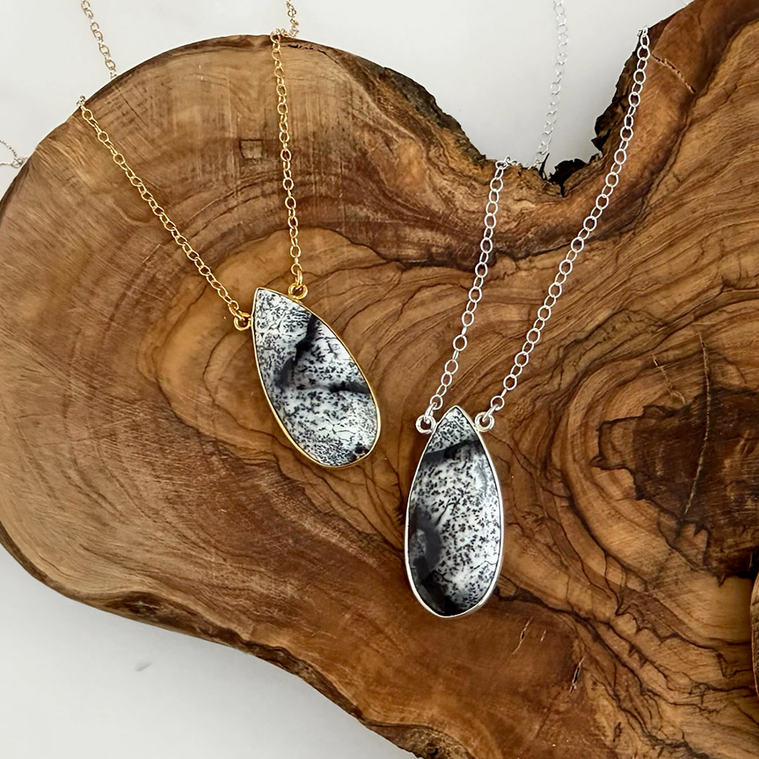 Dendrite Opal Teardrop Bezel Statement Necklace