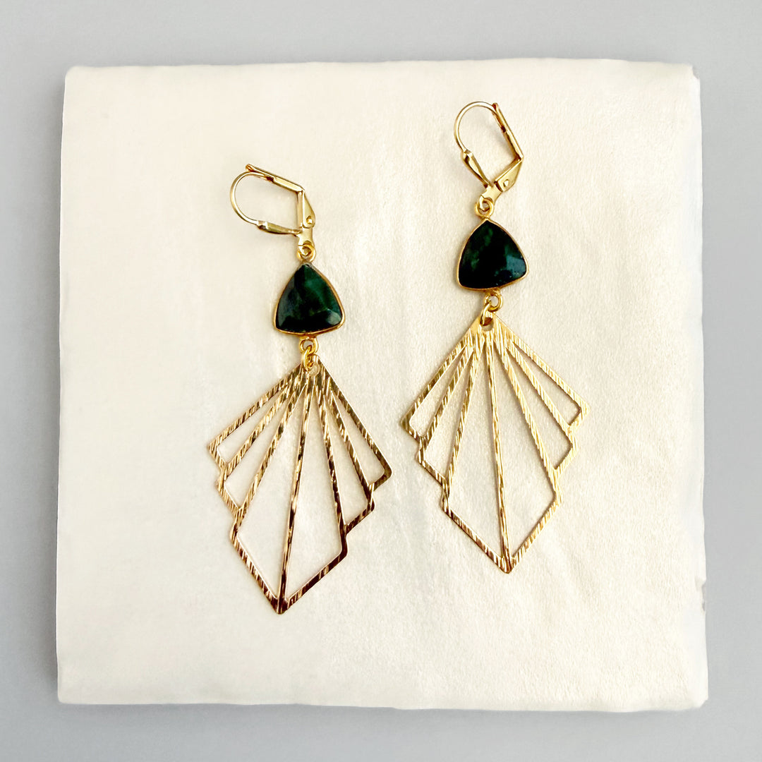 Emerald Fan Statement Earrings in Brushed Gold