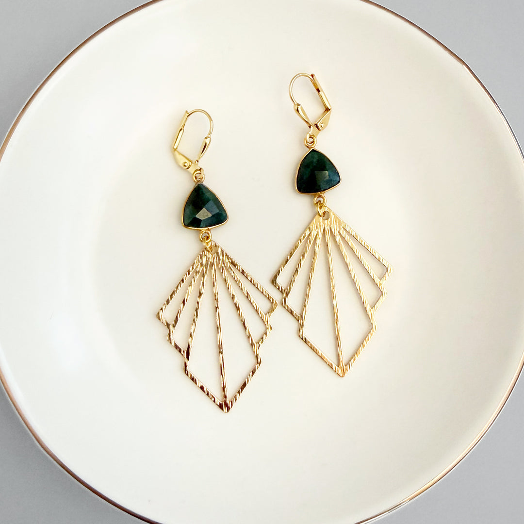 Emerald Fan Statement Earrings in Brushed Gold